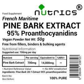 Nutrics® 50g French Maritime Pine BARK Extract Powder 95% Proanthocyanidins 100% Pure - Free from fillers Binders & Bulking Agents (50g Extract Powder)