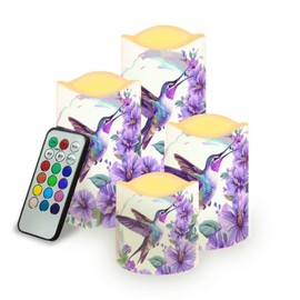 Uorisanigo Purple Hummingbird Pillar Candles Bulk Led Flameless Battery Operated Candles with Timer Remote Color Changing Electric Fake Candles for House Warming Home Decorations Set of 4