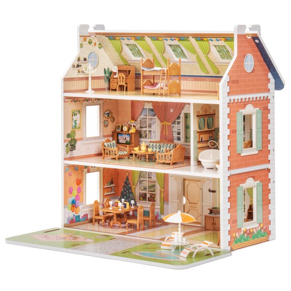 ROBUD Wooden Dollhouse for Kids Girls, Pretend Play Toy Gift