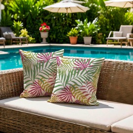 Jayusaror Outdoor Cushion Cover, 45 x 45 cm, Green, Pink, Colourful Cushion Cover, Weatherproof Sofa Cushion, Garden Cushion, Summer Tropical Leaves Decorative Cushion Covers for Sofa, Garden