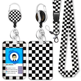 Black and White Checkered Lanyards for Id Badges, Cute Badge Reel Heavy Duty with Carabiner Clip, Fashionable ID Badge Holder with Breakaway Lanyard, Teacher Nurse Office Christmas Gifts