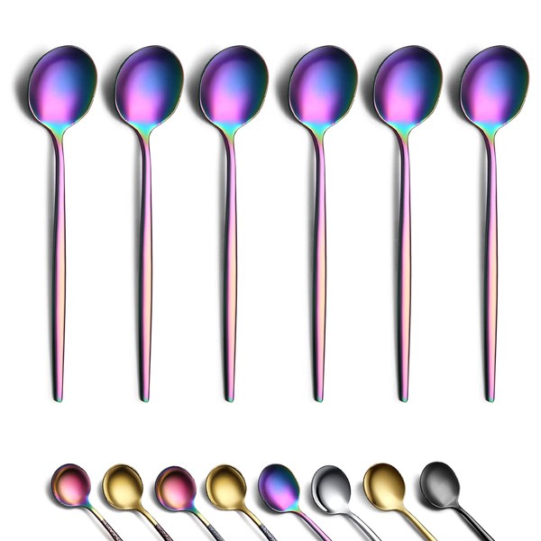 Berglander 6 Piece Rainbow Color Coffee Spoons, Stainless Steel Titanium Colored Coating, Small Mini Teaspoons, Dishwasher Safe