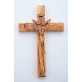 Olive Wood Gifts Shop Hand Made Olive Wood Cross (With The Holy Spirit 8 Inch) - Wall Hanging, Wooden Christian Cross With Dove from The Holy Land