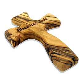 Bless This Child Olive Wood Comfort Cross | Made of Genuine Olive Wood from Trees Grown in the Holy Land | Makes a Great Baptism Gift for Boys or Girls!