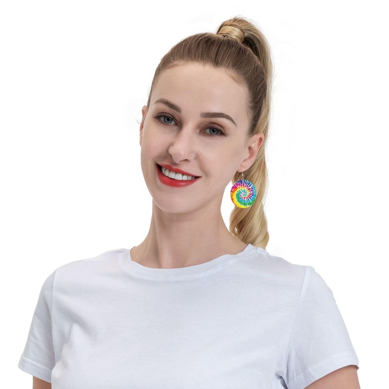 Faux Leather Earrings Tie Dye Round Dangle Earrings Jewelry For