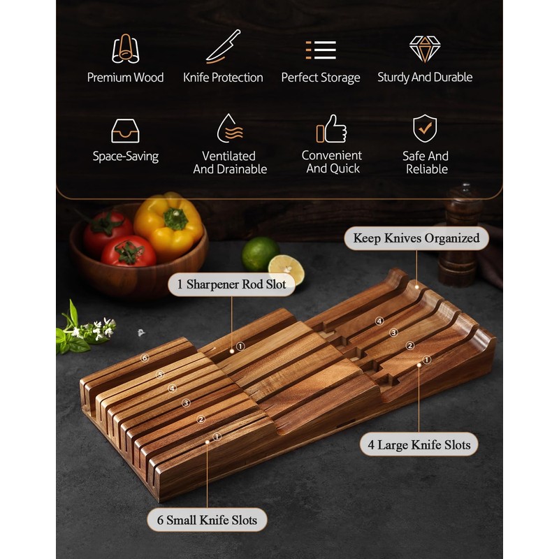 XINZUO In-drawer Knife Block, Natural Acacia Knife Drawer Oganizer, Insert-Kitchen
