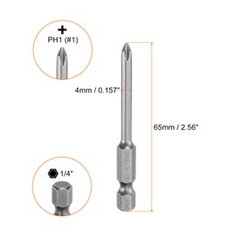 sourcing map 5pcs #1 Phillips Screwdriver Bit PH1 1/4" Hex Shank 2.56" (65mm) Long Magnetic S2 Steel Industrial Grade Screw Driver Bit Cross Head Electric Drill Bits 0.157" (4mm) Rod