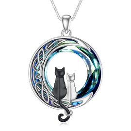 TOUPOP Silver and Black Cats Necklace 925 Sterling Silver Cats on the Moon Necklace with Blue Circle Crystal Cat Lovers Celtic Jewelry Gifts for Women Birthday Christmas