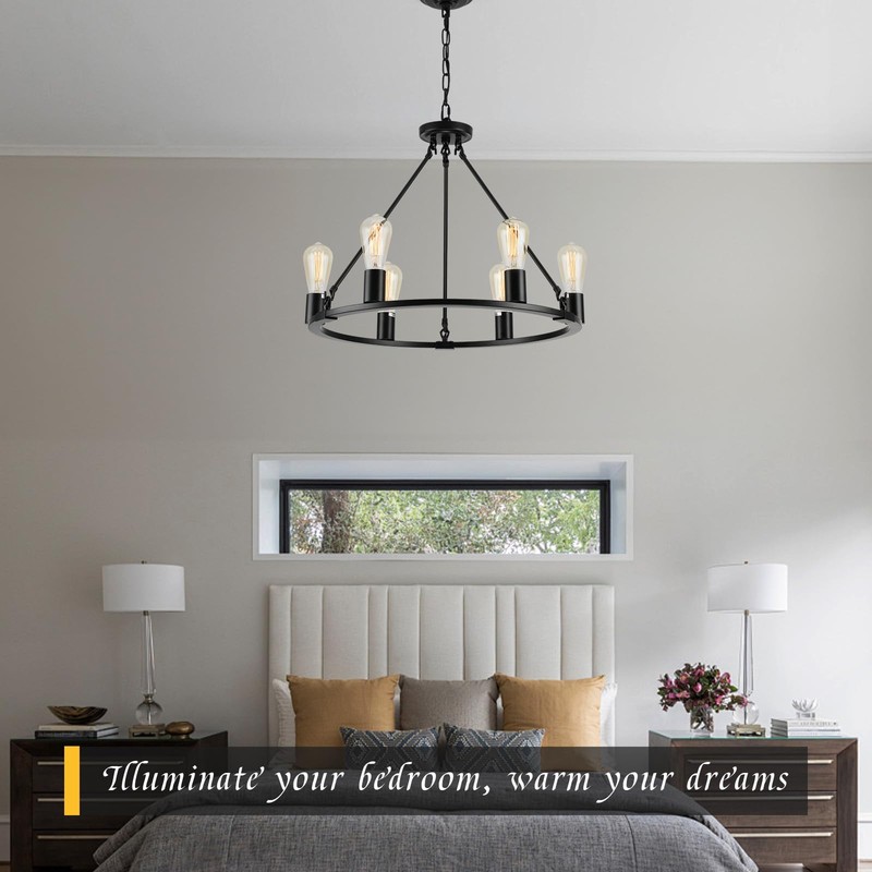 Senyshilon Black Chandelier, 6-Light Dining Room Light Fixture, Round Farmhouse