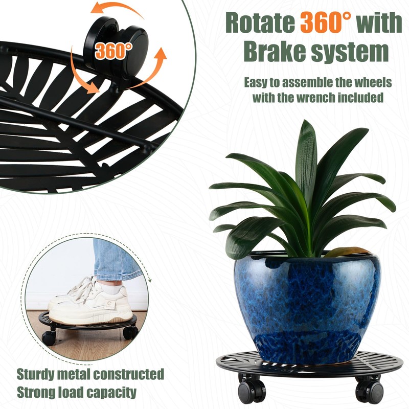 3 Packs Large Metal Plant Caddy with Wheels 13" Rolling