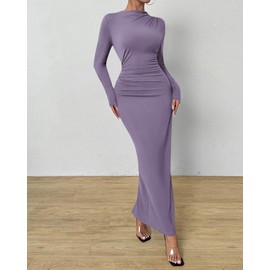 BTFBM Women Bodycon Maxi Dress Long Sleeve Back Slit Ruched Elegant Party Cocktail Formal Fall Wedding Guest Dresses(Purple, Medium)