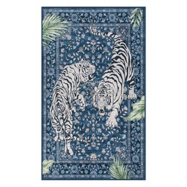 Moynesa Tiger Machine Washable Rug, 3x5 Entry Area Rug Non Slip Vintage Soft Rug for Living Room, Ultra Thin Boho Stain Resistant Kitchen Throw Mat for Entrance Bedside, Blue