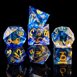 YEMEKO Liquid Core DND Dice Set, 7 Set Accessories Dice for Dungeons and Dragons, Polyhedral Resin Sharp Edge Dice Roleplaying(Liquid Blue Gold)