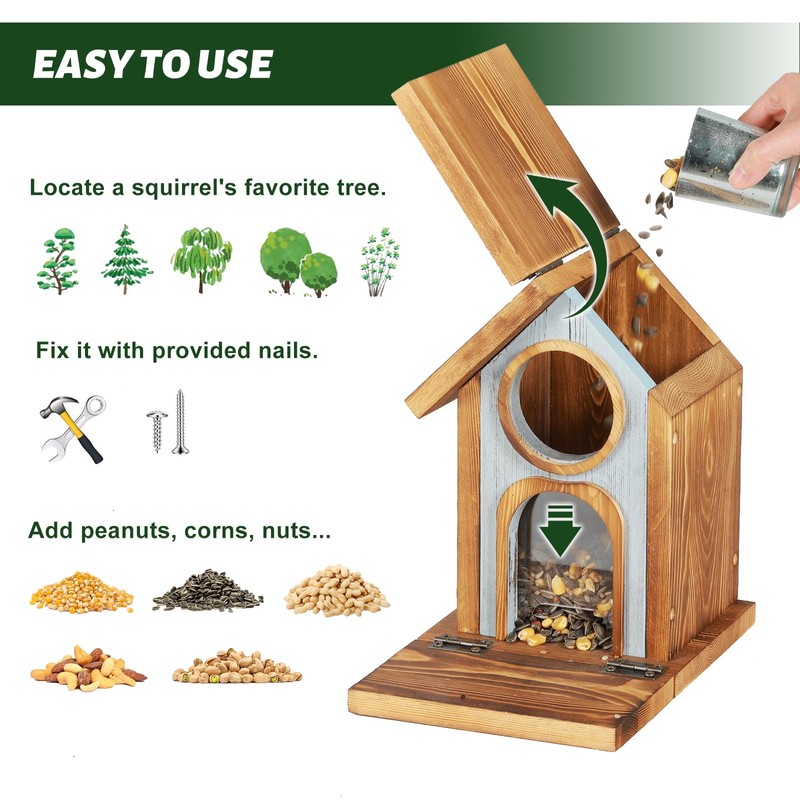 MIXXIDEA Wooden Squirrel Feeder, Large Capacity Squirrels Feeders for Outside,