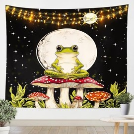 Feelyou Cute Frog Decor Wall Hanging Boys Girls Medium 59"x59" Mushroom Decor Tapestry For Kids Women Men Ultra Soft Moon Wall Blanket Botanical Theme Wall Art Room Decor Wild Mushroom Stuff