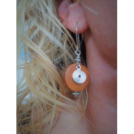 Orange spiral earrings, natural wood earrings with spiral, unique earrings on long self-curved hooks