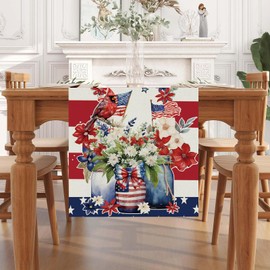 QIONG MENG 4th of July Table Runner Cardinal Flowers Flag Stripe Memorial Day Independence Day Patriotic Table Decoration Home Kitchen Party Supply 13x60 Inch