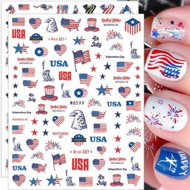 Fourth of July Nail Stickers 3D Self-Adhesive Nail Art Stickers American Flag Stars Love Heart Design Independence Day Nail Decals for Women DIY Acrylic Manicure Decoration Supply 8 Sheets