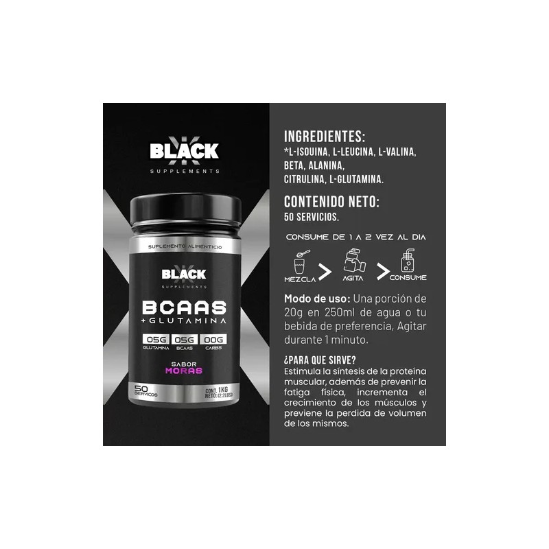 Black Supplements Aminoácidos Bcaas Glutamina 1kg Moras