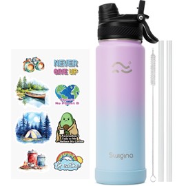 Swigina [2-IN-1 LID] Insulated Water Bottle with Silicone Boot (36hrs Cold/18hrs Hot) - DIY Stickers, Leakproof, BPA Free, 24 oz