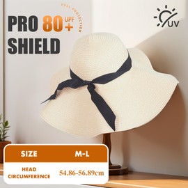 powerking Wide Brim Straw Sun Hat, UV Protection Summer Hat Packable Foldable Floppy Beach Sun Hats for Womens, Beige