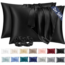 Vielit Pack of 2 Satin Cushion Covers, 70 x 40 cm, Black, Soft as Silk Pillowcase, Better Care Than Silk Pillose Case, Satin Pillowcase Cushion Cover for Hair and Skin, Comes with 2 Hair Bobbles