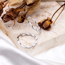 Tuscany Silver Sterling Silver Rhodium Plated or Gold Plated 31mm Enamel Large Twist Hoop Earrings, Silver