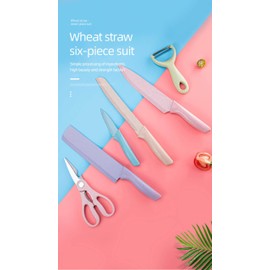 Stainless Steel Kitchen Knife Set with Potato Peeler and Kitchen Scissors, Comprising 6 Vibrant Pieces.