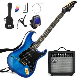 MUSTAR Electric Guitar Kit, 39 Inch Full Size Solid Wood Electric Guitar Beginner Kits with 25W Amplifier, Gig Bag, Digital Tuner, Capo, Strap, Cable and Picks, Sunburst