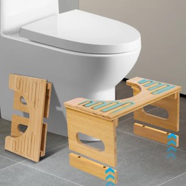 Bamboo Toilet Stool Foldable Wood Poop Stool Squat Bathroom Stool, 7in & 9in Adjustable Heights Toilet Foot Step Stool for Adults Kids - Potty Stool with Non-Slip Layer, Toilet Stools for Pooping
