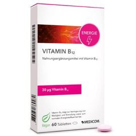 Medicom - Vitamin B12 Tablets for Energy and Vitality, Dietary Supplement, Fight Fatigue, Immune System Support, High Dosage of 30 μg per Tablet, Vegan - 60 Tablets