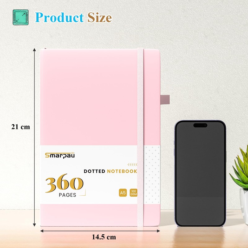 Smarpau Bullet Dotted Journal A5, Thick Notebook 360 Numbered Pages,