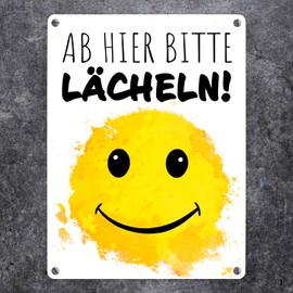 Smirking Emoticon Ab hier bitte lächeln Metal Sign in 15 x 20 cm Funny Tin Sign with Face and Funny Saying as Decoration for the Office to Spread Joy