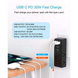 PD 30W Surge Protector Outlet Extender, Rotating Plug, One Beat 6 AC Multi Plug Outlet with 3 USB Ports (1 USB C), 1800J 3-Sided Swivel Power Strip, Spaced Outlet Splitter for Home Office Dorm - Black