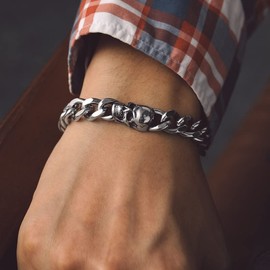 Bandmax Skull Bracelet Men's Curb Chain Bracelet Stainless Steel Skull Bracelet Curb Link Bracelet Punk Biker Bracelet Chic Jewellery Length 19 cm/21 cm/23 cm, Stainless Steel