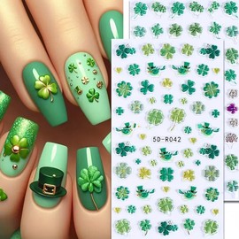St. Patrick's Day Nail Art Stickers Decals 5D Embossed Clover Nail Decals 2PCS Four-Leaf Clover St. Patrick's Day Nail Design 5D Nail Adhesive Stickers Manicure Nail Art Supplies for Women Decoration