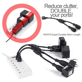 2 Way Splitter Extension Cord, 3 Prong Double Outlet Power Cord, 16 AWG, 1 Foot Black by ClearMax