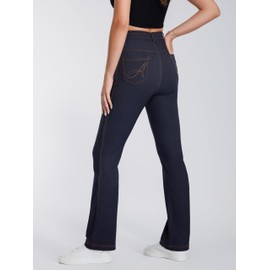 AFITNE Jeans for Women High Elastic Waisted Stretchy Pull On Tummy Control Flare Jeggings Trendy Fashion Cute High Rise Bootcut Flared Work Denim Like Pants Dark Navy L 32"