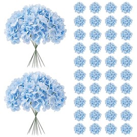 JPSOR - 40 cabezas de flores artificiales de seda de hortensia con tallos y flores falsas para centro de mesa de boda, decoración del hogar, jardín, fiesta (azul)