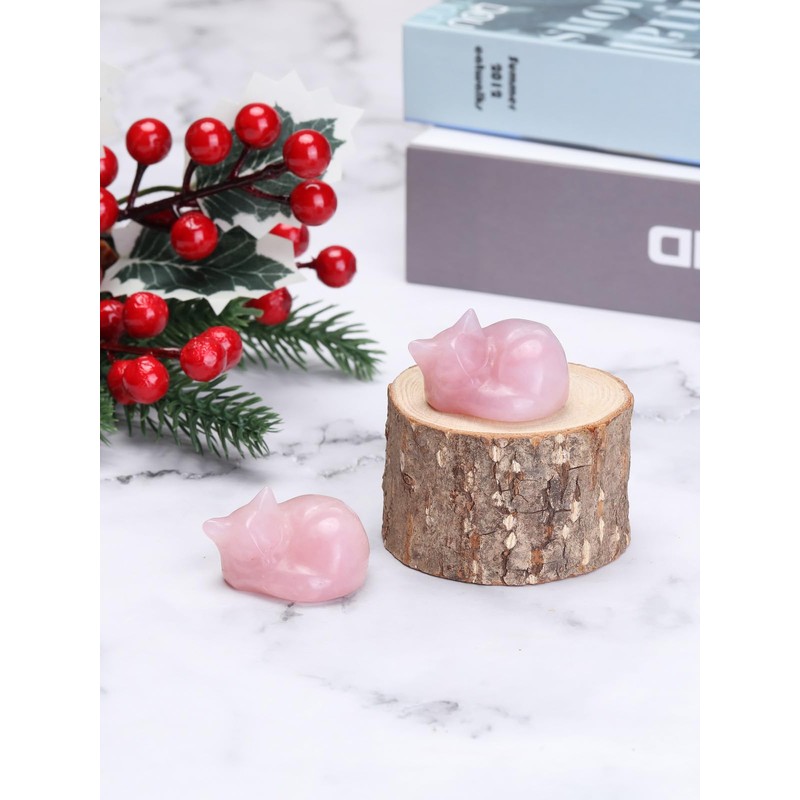 JSDDE Rose Quartz Crystal Sleeping Cat Figurine for Cat Lovers