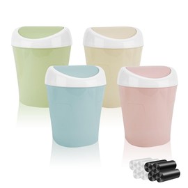 4 Pieces Small Dustbin with Lid, Mini Table Bin with Swing Lid and 8 Rolls of Rubbish Bags, Colourful Mini Rubbish Bin, Table Cosmetic Bin, 10 x 12 x 17 cm, Table Waste Bin for Bathroom, Office (4 Pieces)