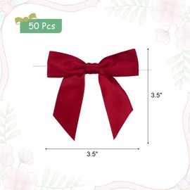 MECCANIXITY 50 Pcs Pre-Tied Bows Satin Ribbon Bows 3.5" Twist Ties Gift Bows for Craft DIY Candy Bags Christmas Wedding Decor Party Treat Bags Wine Red