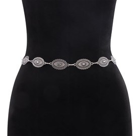 Vintage Patterned Butterfly Waist Chain Belt Western Metal Butterfly Belt Cowgirl Chain Belt Bohemian Metal Long Belly Chain Belt Dress Denim Pants Jewelry for Women (Antique Silver)