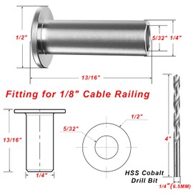Steel DN Mate 50 Packs Stainless Steel Protector Sleeves for 1/8 Stainless Steel Cable Railing, T316 Marine Grade Cable Protector Sleeves for Deck Railing System, Come with a Drill Bit DE05