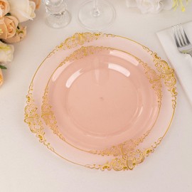 Balsa Circle 10 Transparent Blush Round 8" Disposable Plastic Salad Dinner Plates Gold Embossed Baroque Trim Party Events Reception Catering Buffet Dinnerware Tableware Decorations