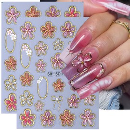 Flower Nail Art Stickers Decals 5D Embossed Flower Nail Decals 2PCS Pink Five-Petaled Gold Flower Circle Spring Summer Nail Art Design Bow Tie Flowers Nail Adhesive Decals for DIY Nail Art Decorations