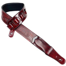 Walker & Williams LIC-14 Mahogany Padded Guitar Strap with Embossed Christian Tooling and Cross