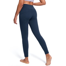 SEVEGO Women Fleece Lined Tall Yoga Leggings Thermal Warm Winter High Waisted Workouts Pants with Pockets, 34", Dark Blue, Small