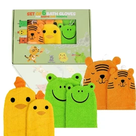 Hello Hippo® Set of 6 Baby Wash Cloths - 3 for Parents & 3 for Children - Cotton Wash Mitts - Animal Motifs: Frog, Chick, Tiger - Washable Children's Wash Cloths