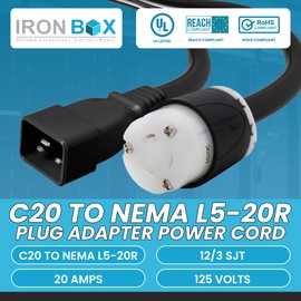 IronBox Electric - IEC C20 to NEMA L5-20R Plug Adapter Power Cord - Rated for 20A, 125V - Power Cord Adapter with 12/3 SJT Wire - Ideal for Data Centers, Server Racks, and Industrial Use (1 Foot)